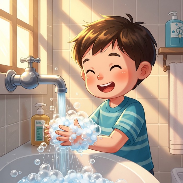 A child happily washing hands under a running tap with lots of soap bubbles, smiling, in a bright bathroom.