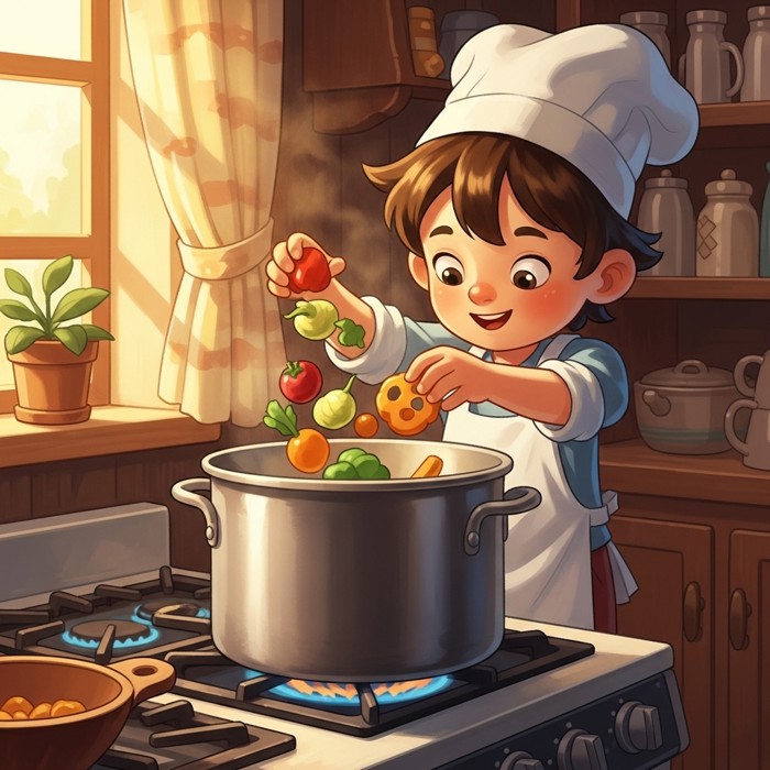 A cartoon child carefully dropping colorful vegetable pieces into a large silver pot on a stove, looking focused and happy.