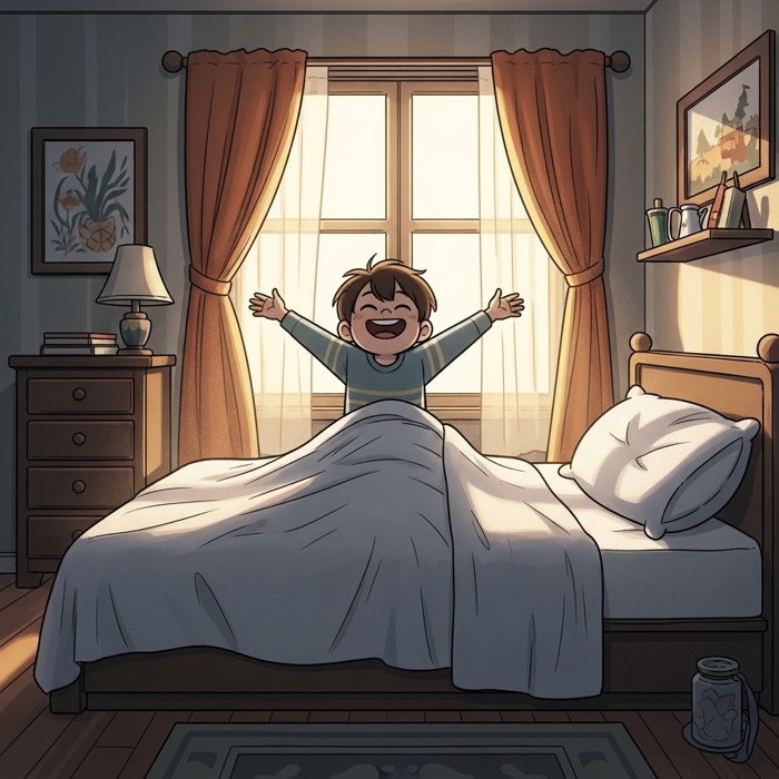 A cartoon child waking up in a big comfortable bed, stretching arms wide, smiling broadly, with golden morning sunlight streaming through the curtains.