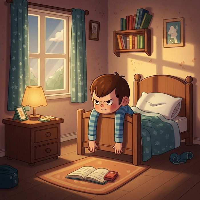 A cartoon child with both arms dangling off the side of a small bed, looking annoyed, in a dimly lit bedroom.