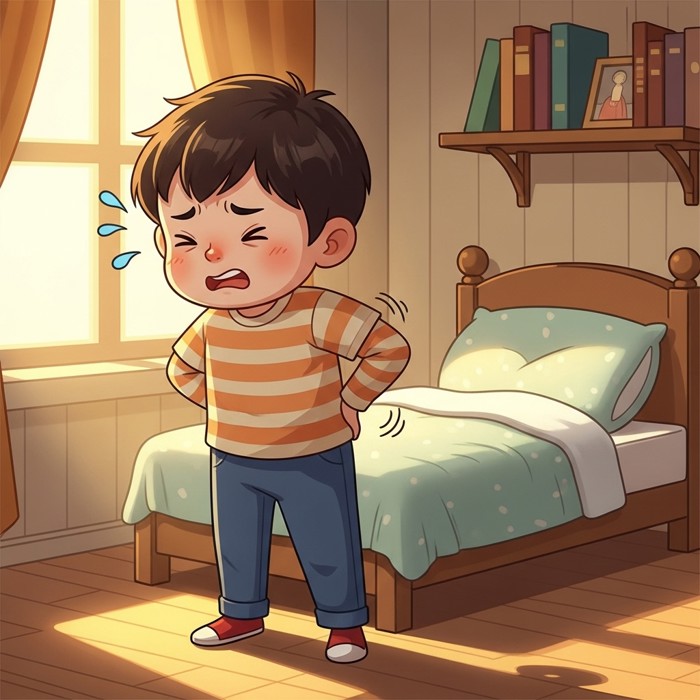 A cartoon child standing up in the morning, holding their lower back with both hands, making a pained face, with a small bed behind them.