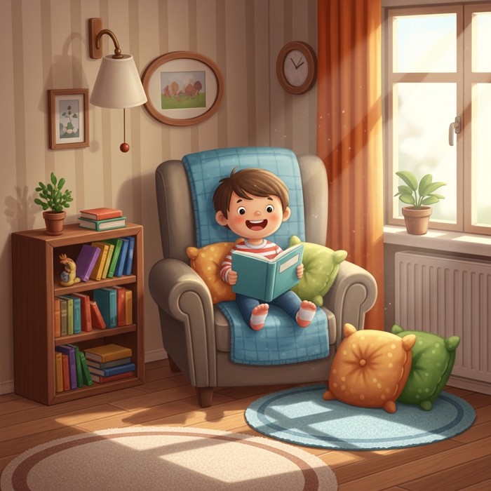 A cozy armchair in a warm living room corner, with a small bookshelf, a window with sunlight, and a cheerful child sitting happily.