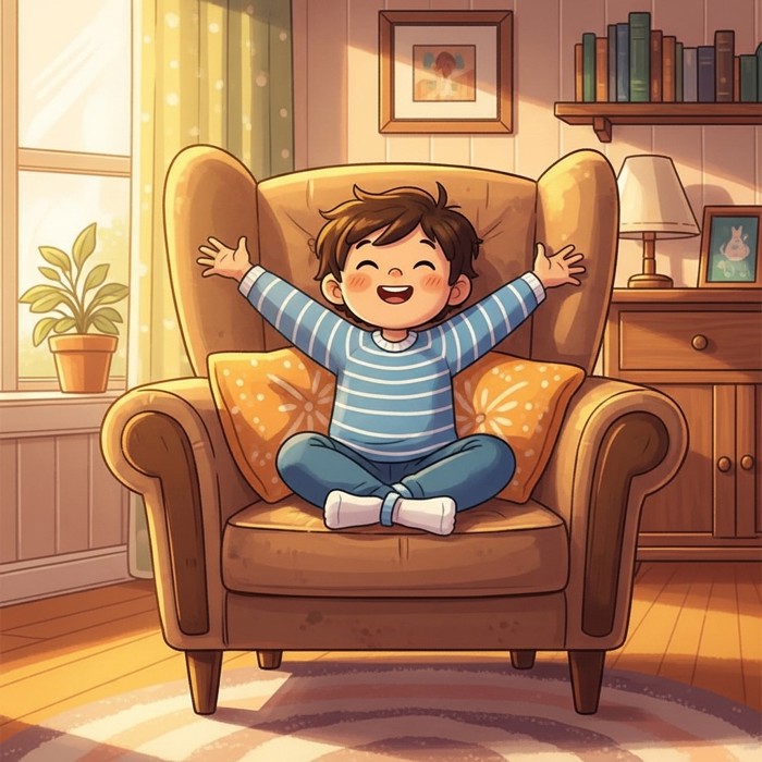 A happy child sitting cross-legged in a large soft armchair, looking content and relaxed in a bright living room.