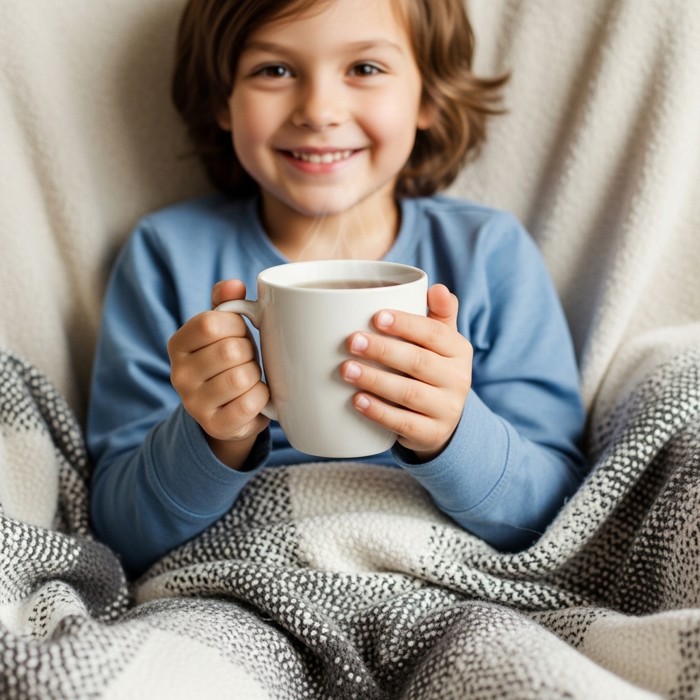 A child holding a warm mug of tea with both hands, sitting in a soft chair with a cozy blanket, smiling happily.