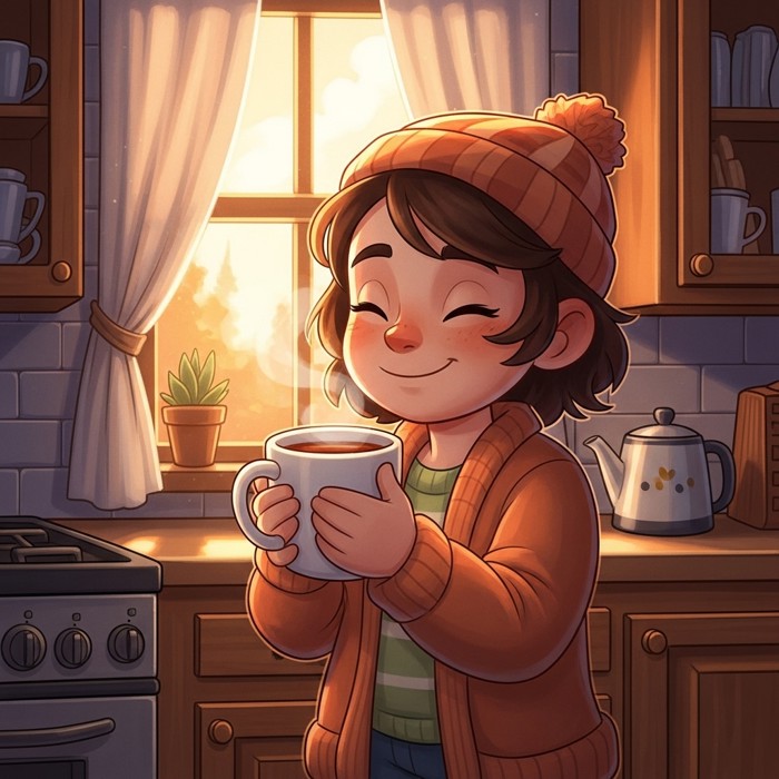 A cartoon person holding a big warm mug of tea with both hands, eyes closed in happiness, morning sunlight streaming through a kitchen window.