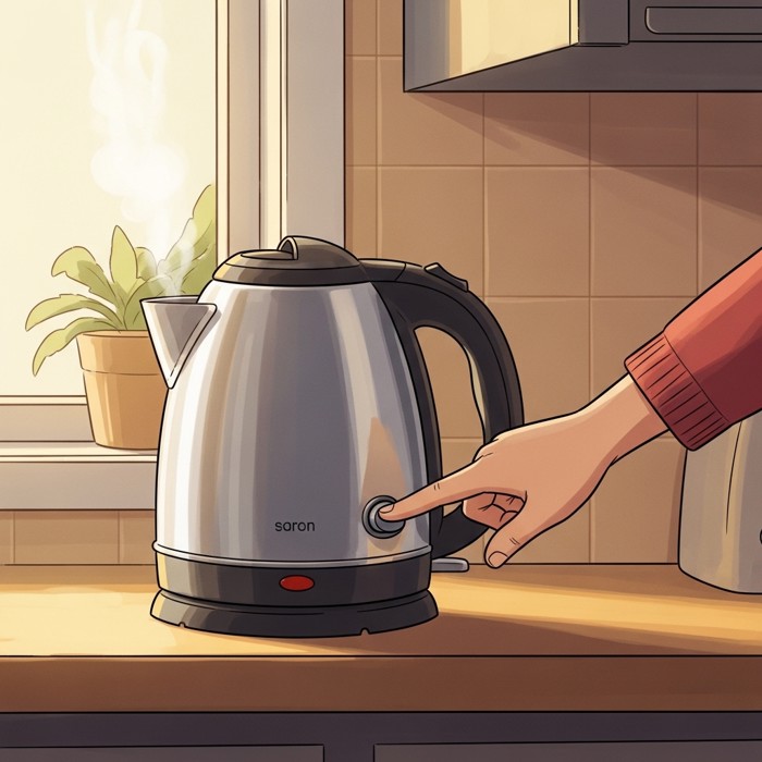 A cartoon hand pressing the button on a silver electric kettle, steam beginning to rise from the spout, set on a kitchen counter in the early morning.