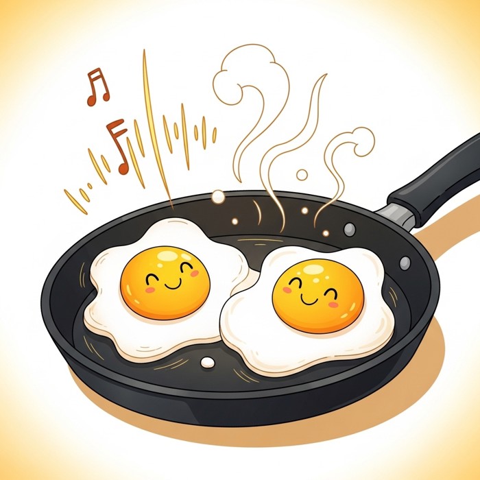 Two sunny-side-up eggs sizzling in a black frying pan, with cheerful sound-wave lines coming off the pan, steam and a big smile on the yolks.