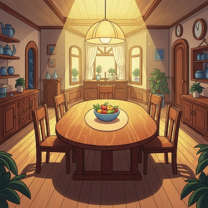 A spacious cartoon dining room with a long wooden table and four chairs around it, a bowl of fruit in the center, and warm overhead light.