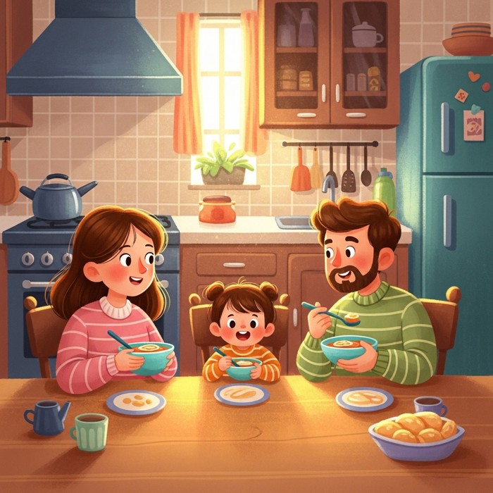 A happy family of three sitting at a kitchen table, eating bowls of food together, with a stove and refrigerator visible in the background.