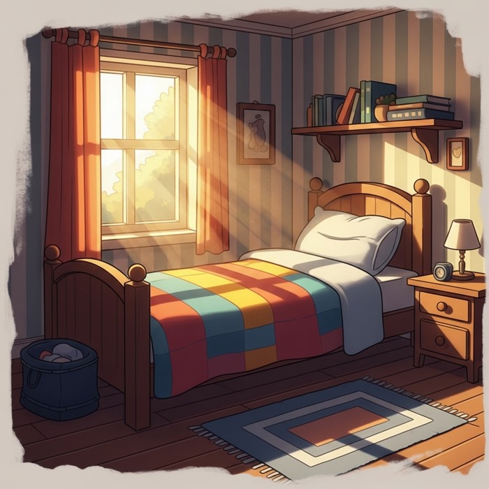 A tidy cartoon bedroom with a single bed covered in a colorful blanket, a bright window with sunshine coming through, and a small rug on the floor.