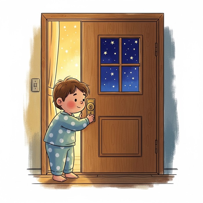 A cartoon child gently closing a wooden front door as the night sky with stars appears outside the window.