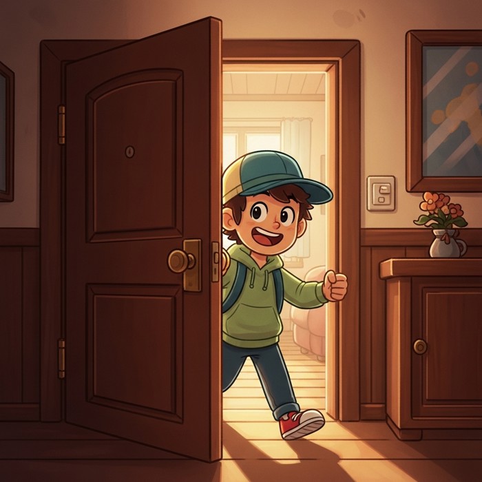 A cartoon person walking through an open brown door into a cozy room, smiling happily.