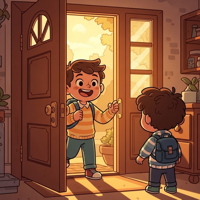 A smiling child stepping through an open front door to greet another child, both looking happy in a cheerful cartoon home.