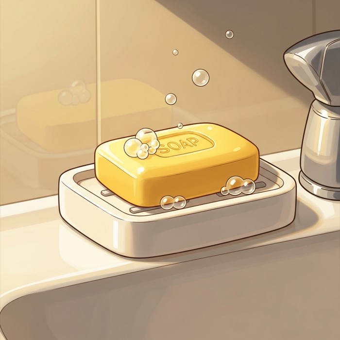 A cartoon bar of yellow soap sitting in a white soap dish on the edge of a bathroom sink, with small soap bubbles floating around it.
