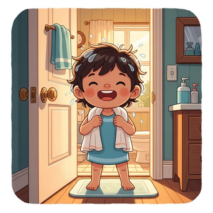 A smiling cartoon child stepping out of the bathroom with wet hair, a towel around their shoulders, looking fresh and happy in a bright hallway.