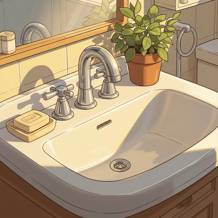A clean white ceramic sink with shiny silver taps, a bar of soap, and a small potted plant on the edge, bright bathroom lighting.