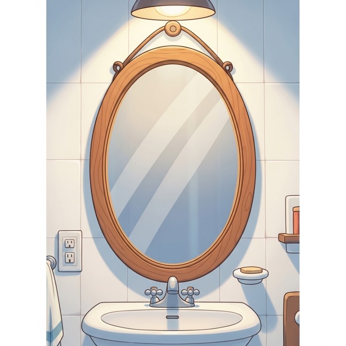 A large oval mirror hanging on a white bathroom wall, reflecting a sink below, with a wooden frame and soft warm light from above.