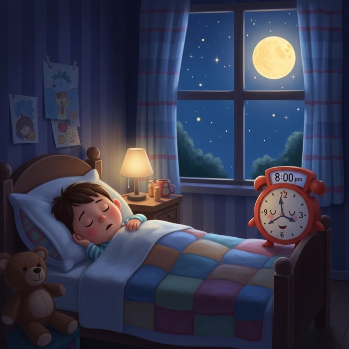 A cartoon clock showing 8pm next to a sleeping child in bed, with a moon and stars visible through the window, in a peaceful bedroom setting.