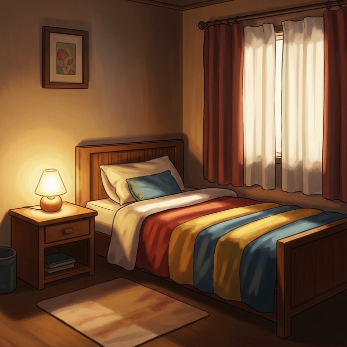 A bright cartoon bedroom with a single bed, a small lamp on a nightstand, and curtains drawn, showing a calm and tidy sleeping space.