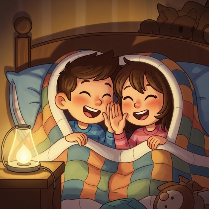 Two cartoon siblings whispering and giggling under their blankets in a dark room with a small nightlight, both wearing big happy smiles.