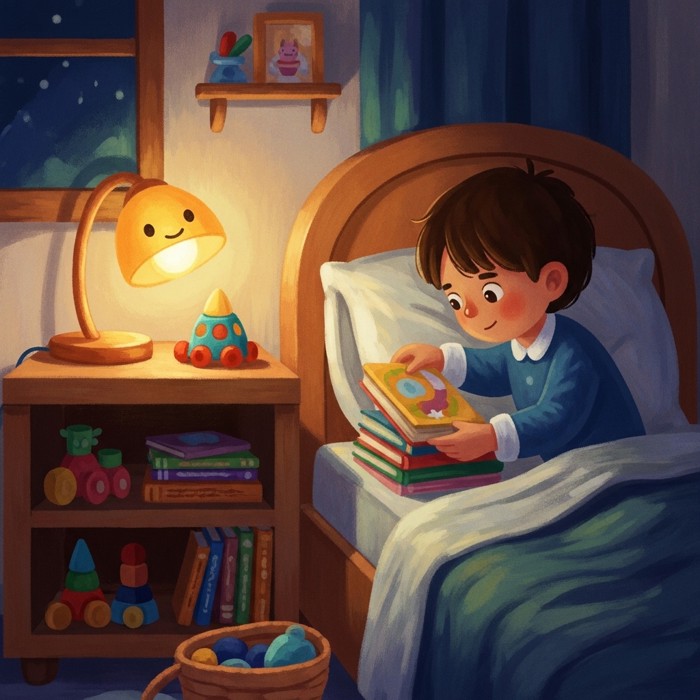 A child neatly placing toys and books on shelves in a tidy bedroom at night, a warm lamp glowing on the bedside table.