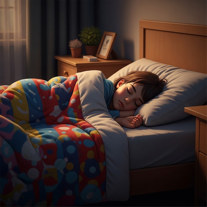 A child tucked snugly under a colorful blanket in a soft bed, eyes closed, sleeping peacefully in a warm, dimly lit room.