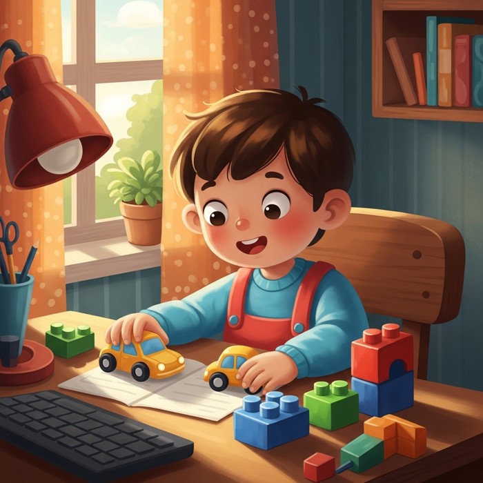 A happy child at a desk playing with toy cars and colorful blocks after school, afternoon sunlight streaming through the window.