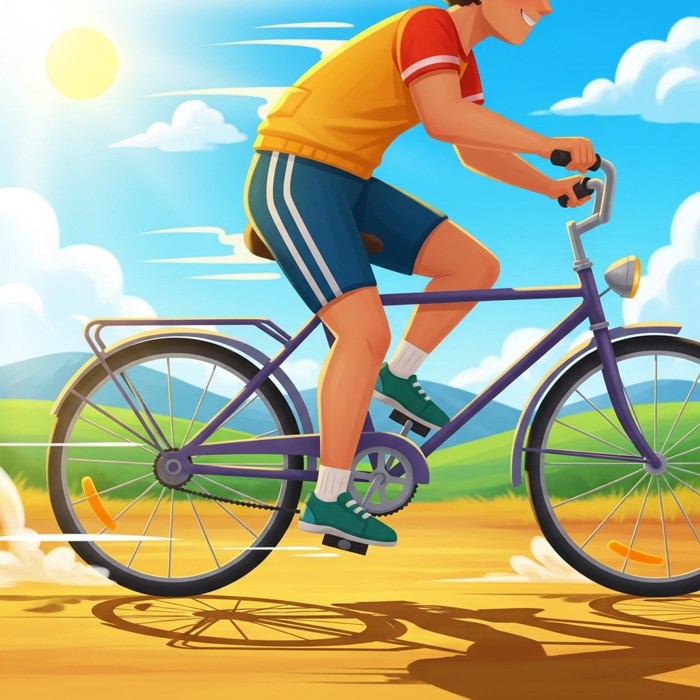 A close-up of strong cartoon legs pedaling a bicycle fast, with motion lines and a cheerful sunny background.