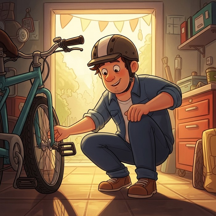 A cartoon man crouching to check the tires of his bike in a bright garage, helmet on his head, ready to go.