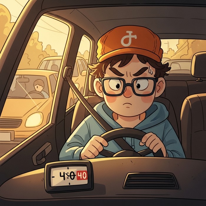 A cartoon car sitting in heavy traffic, a clock on the dashboard showing forty minutes, the driver looking frustrated.