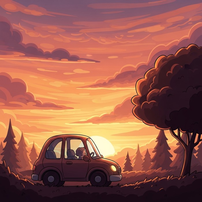 A cartoon car driving under a dramatic orange and pink sunset sky, silhouettes of trees on the horizon.