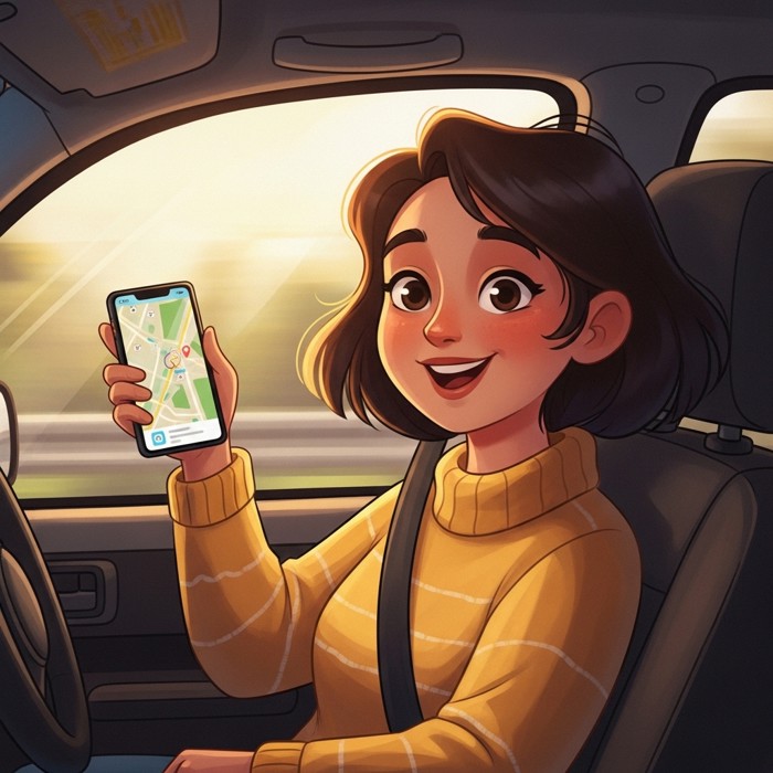 A cartoon mom smiling and holding a phone showing a map, sitting in the passenger seat of a moving car.