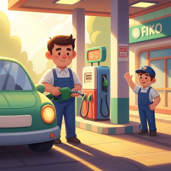 A cartoon dad carefully pouring gas into a car at a bright, colorful gas station, with a cheerful attendant nearby.