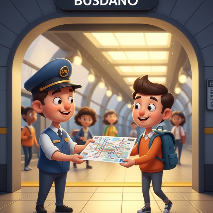 A friendly cartoon station worker handing a colorful subway map to a smiling traveler at a subway station entrance.