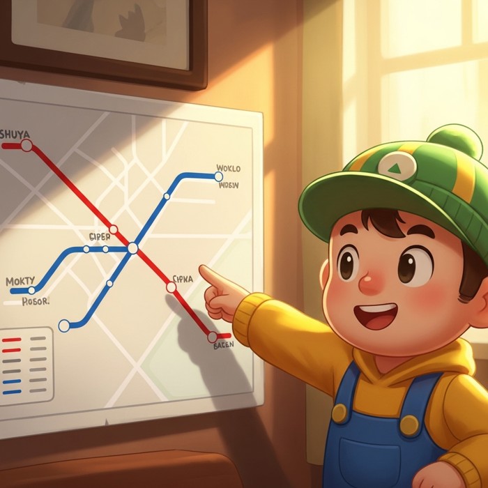 A subway map with a red line and a blue line clearly labeled in different colors, with a cheerful cartoon character pointing at them.