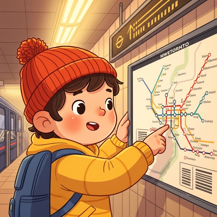 A cartoon child counting subway stops on a colorful map with their finger, smiling, in a bright subway station.