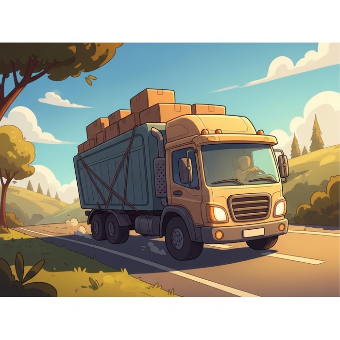 A large friendly cartoon truck driving along a wide road, loaded with boxes, on a sunny afternoon.