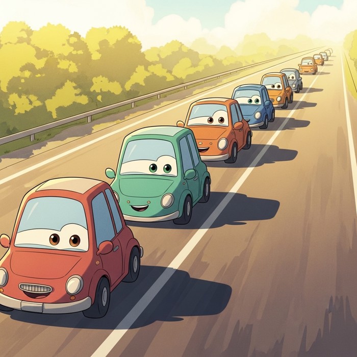A row of colorful cartoon cars driving neatly in a single lane on a wide road, with bright sunshine overhead.
