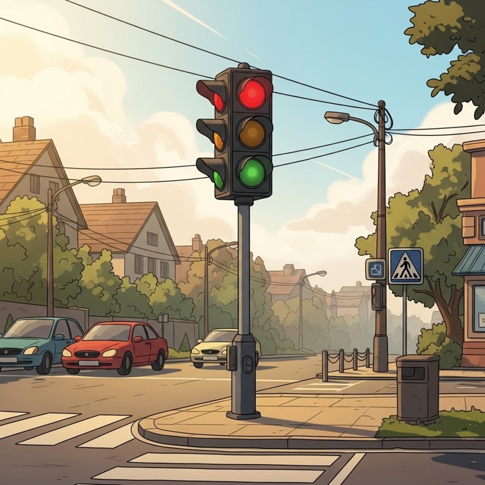 A tall traffic light at a street corner glowing red, with cars stopped in front of it on a bright sunny day.