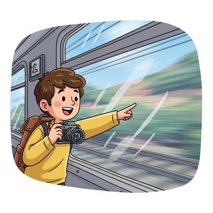 A cheerful cartoon traveler holding a camera and pointing excitedly at the train window, surrounded by a colorful blur of scenery outside.