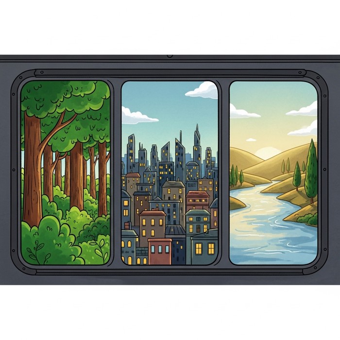 A cartoon train window showing three frames in a row: green forest, a city skyline, and a river, representing a changing view during travel.