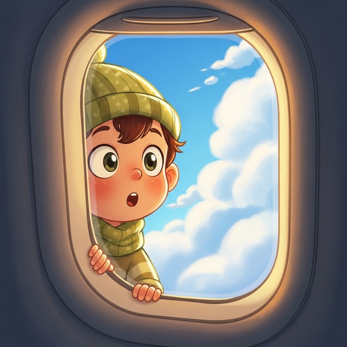 A cartoon child peeking out of an airplane window with wide, amazed eyes, looking at fluffy white clouds and a bright blue sky.