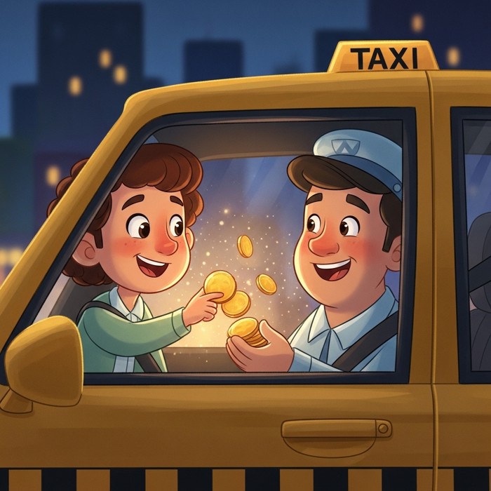 A cartoon passenger handing coins to a smiling taxi driver through the window at night, warm light inside the taxi, happy expressions.
