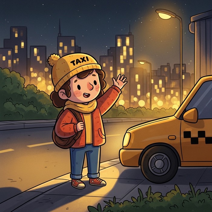 A cartoon person standing at a curb at night, waving their hand to hail a taxi, city lights glowing in the background.
