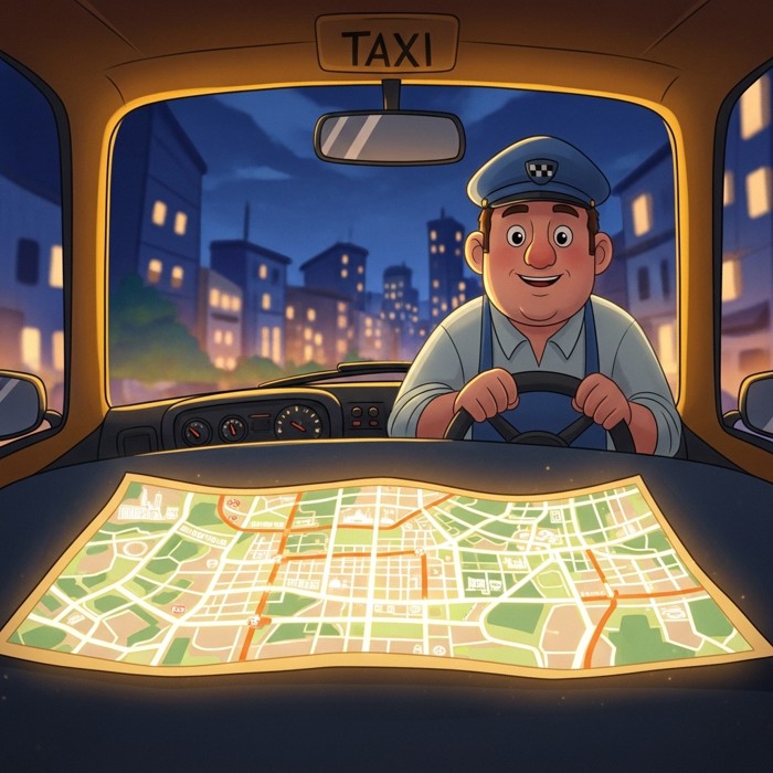 A cartoon taxi driver confidently steering through a glowing city map spread across the dashboard, streets lit up all around, night cityscape, confident smile.