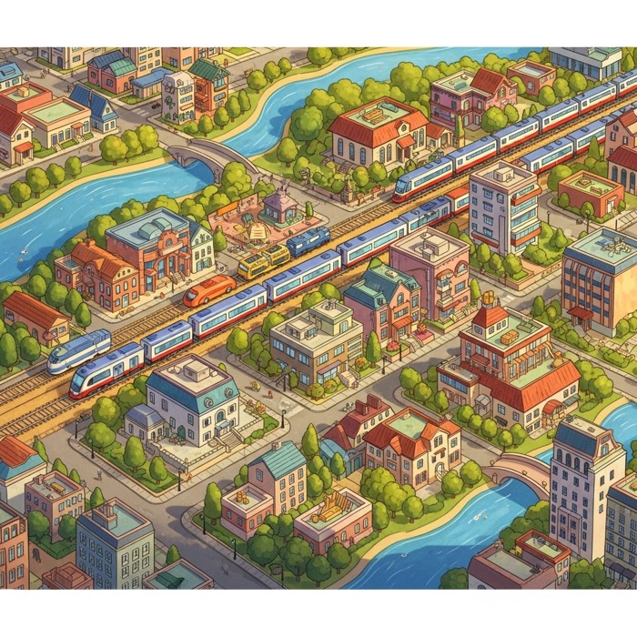 A bird's-eye view cartoon of a city with colourful trains crisscrossing between buildings, parks, and rivers, looking fun and lively.