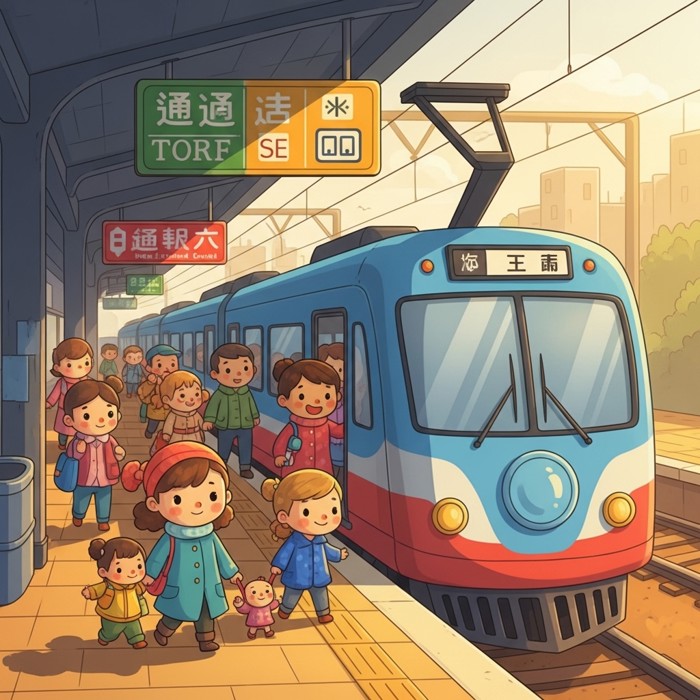 A cartoon city train stopped at a bright platform with colourful signs, passengers stepping on and off, a cheerful atmosphere.