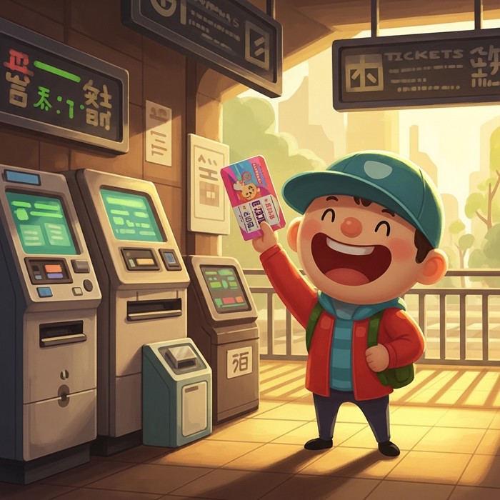 A cartoon character holding up a colourful train ticket with a big smile, standing in front of a ticket machine at the station.