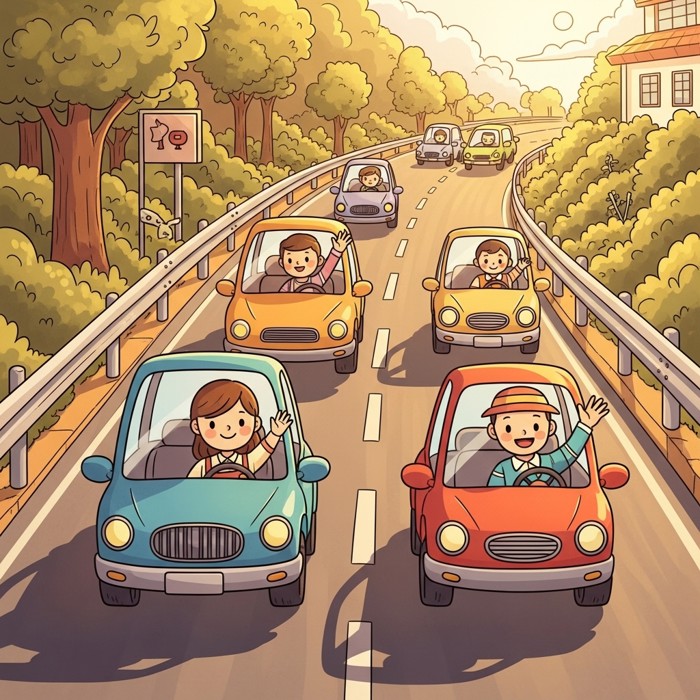 A cartoon road that was busy suddenly clearing up, with cars happily moving forward, smiling drivers waving, on a sunny afternoon.