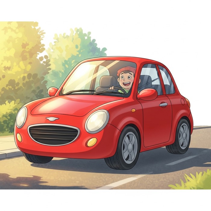 A shiny red cartoon car parked on a sunny street, gleaming under bright sunlight with a smiling driver inside.